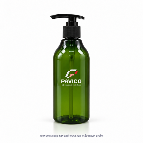 Chai nhựa 300ml PET màu xanh lá cổ 24mm vòi nhấn đen Pavico