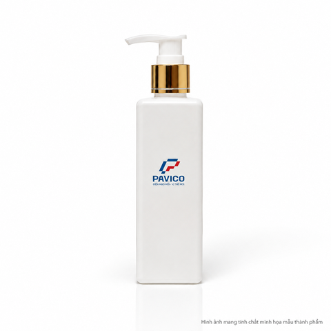 Chai nhựa PET vuông trắng sứ 200ml cổ 24mm với vòi pump trắng viền vàng Pavico