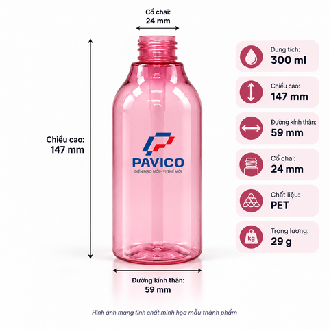 Chai nhựa 300ml PET cổ 24mm cao 147mm đường kính 59mm trọng lượng 29g