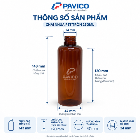 Thông số chai nhựa 200ml PET màu nâu vai tròn cổ 24mm Pavico