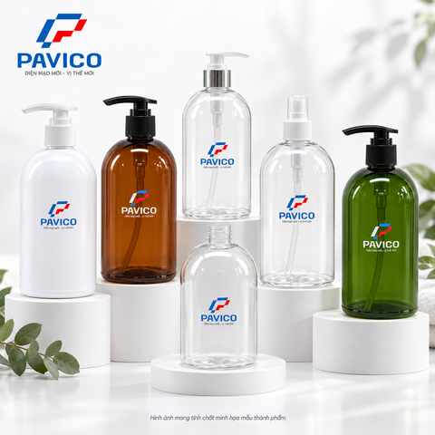 Bộ chai dầu gội PET 500ml Pavico trắng, nâu, trong suốt và xanh lá
