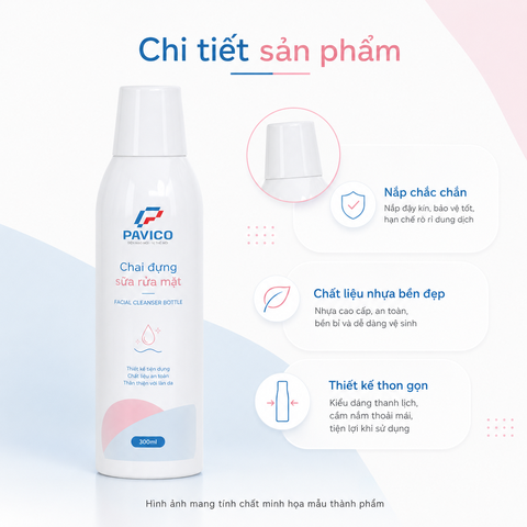 Chi tiết nắp, cổ và thân chai đựng sữa rửa mặt