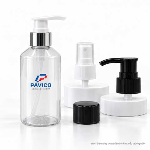 Chai PET 150ml trong suốt AK150NA2 Pavico cùng các mẫu vòi nhấn, vòi xịt và nắp