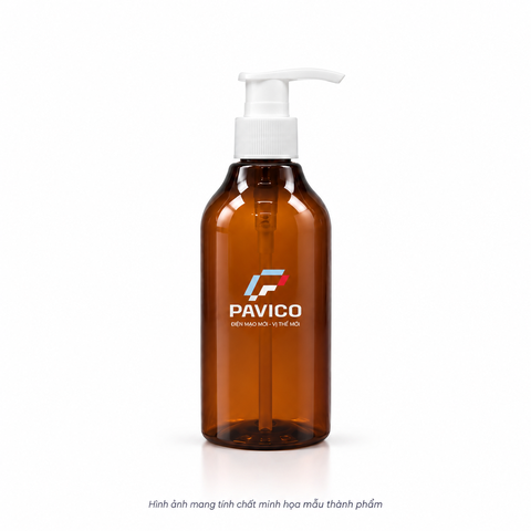 Chai nhựa 300ml PET màu nâu cổ 24mm gắn vòi nhấn trắng Pavico