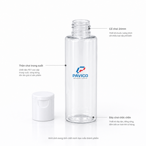 Chi tiết cổ 24mm thân trong suốt và đáy chai nhựa PET đựng dầu gội sữa tắm Pavico