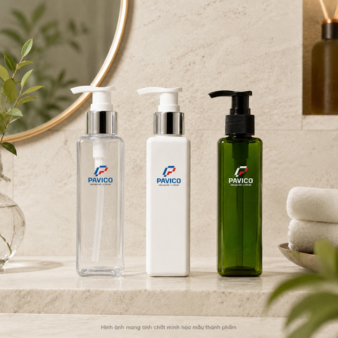 Bộ chai lọ nhựa đựng mỹ phẩm PET vuông 120ml trong suốt trắng sứ xanh trong phòng tắm