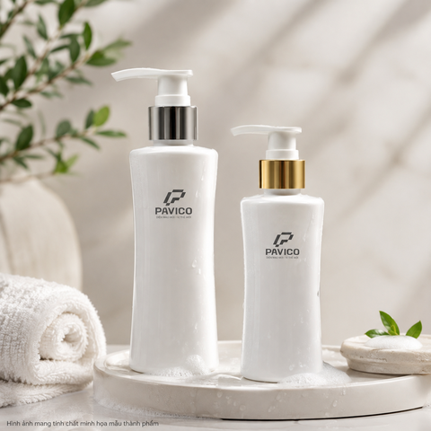 Chai đựng dầu gội sữa tắm PET trắng sứ 100ml trong không gian chăm sóc cá nhân