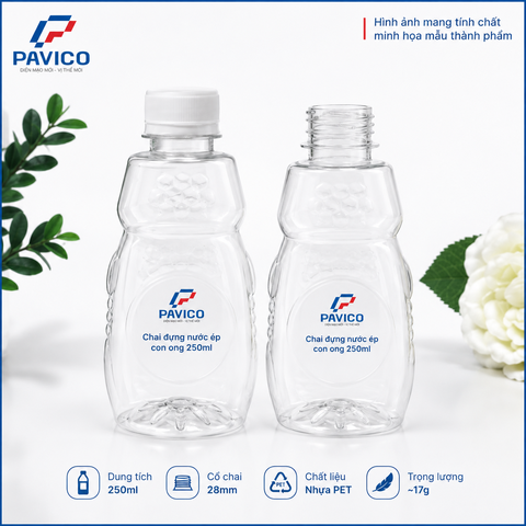 Chi tiết đáy và cổ chai nhựa đựng nước trái cây PET 250ml
