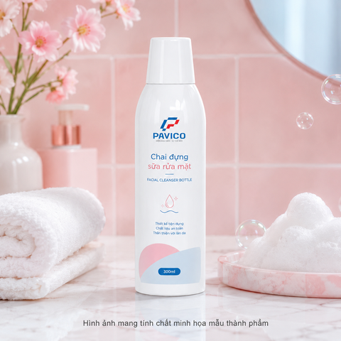 Chai đựng sữa rửa mặt trong không gian phòng tắm màu hồng