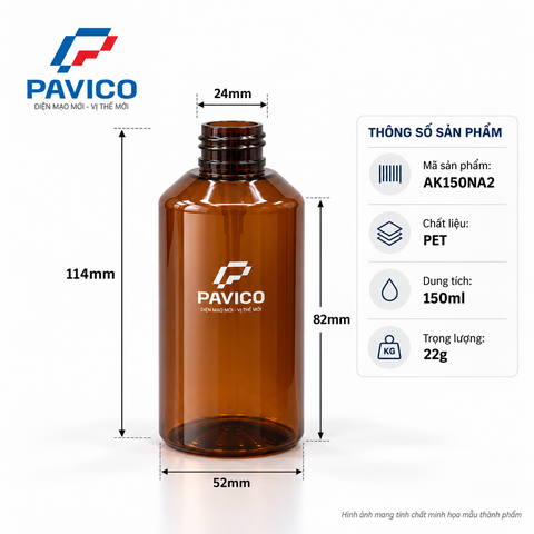 Chai nhựa PET 150ml AK150NA2 cổ 24mm kích thước 114x52mm trọng lượng 22g