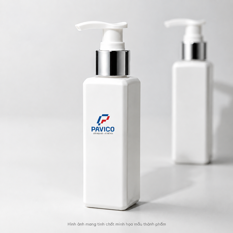 Chai nhựa đựng mỹ phẩm PET vuông 120ml trắng sứ vòi bơm cổ bạc Pavico