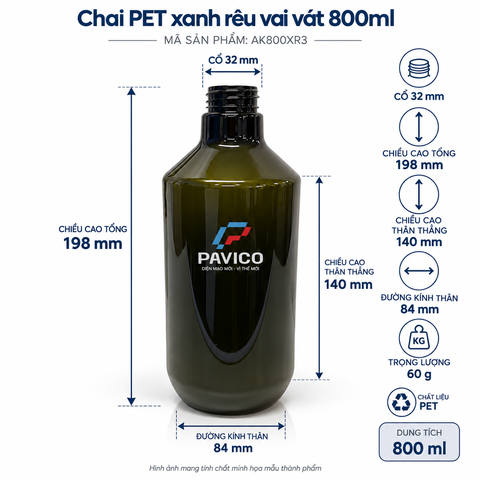 Kích thước chai PET xanh rêu 800ml cao 198mm cổ 32mm Pavico