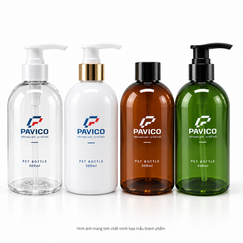 Chai dầu gội PET 300ml nhiều màu trong suốt trắng nâu xanh Pavico