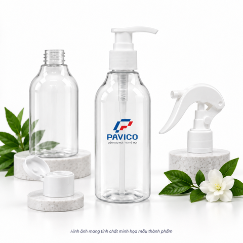Chai nhựa 300ml PET trong suốt cùng vòi nhấn nắp bật và đầu xịt Pavico