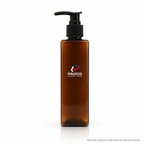 Chai nhựa PET vuông nâu 200ml cổ 24mm gắn vòi pump đen Pavico