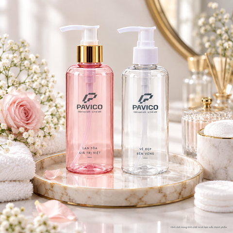 Bộ chai mỹ phẩm PET 150ml màu hồng và trong suốt cổ 24mm vòi pump Pavico