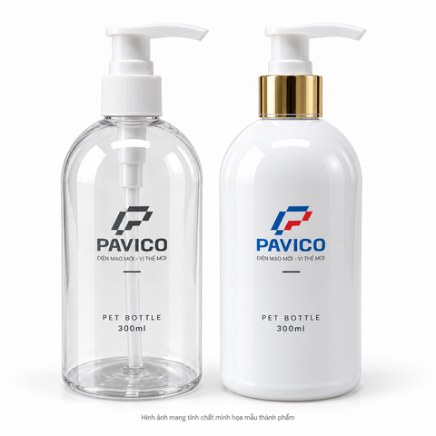 Chai PET 300ml trong suốt và trắng cổ 24mm vòi nhấn Pavico