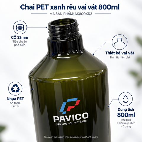 Chi tiết cổ 32mm và thiết kế vai vát chai PET xanh rêu 800ml Pavico