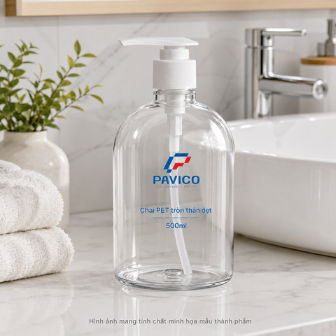 Chai đựng dầu gội thân dẹt 500ml lắp vòi pump trắng