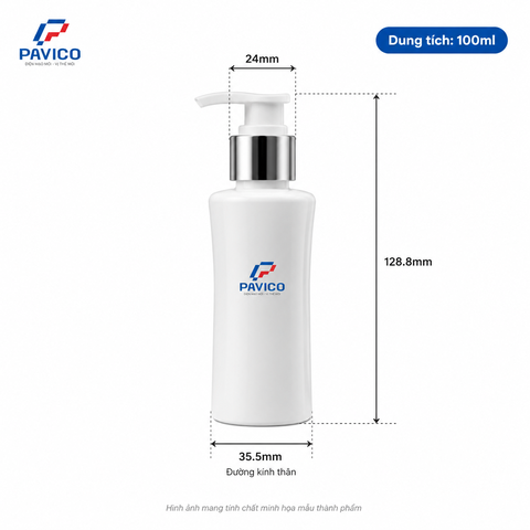 Kích thước thân chai PET trắng sứ 100ml dáng eo mã BE100TS
