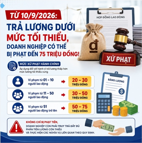 Từ 10/9/2026: Doanh nghiệp trả lương thấp hơn mức tối thiểu có thể bị phạt đến 75 triệu đồng