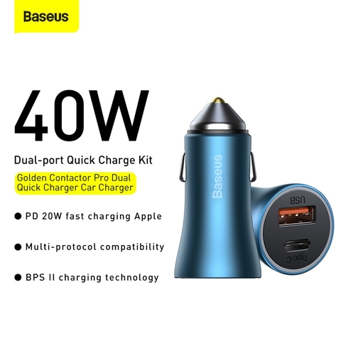 Bộ tẩu sạc nhanh, công suất 40W dùng cho xe hơi Baseus Golden Contactor Pro (40W, U+C Port, Aluminium,PD20W/QC3.0 Car Quick Charger)