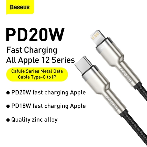 Cáp sạc nhanh C to Lightning 20W cho iPhone 12 Series Baseus Cafule Metal Series (20W, Type C to Lightning Fast charge & Data Cable)