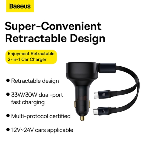 Tẩu Sạc Ô Tô Kèm Dây Baseus Enjoyment Retractable 2-in-1 Car Charger C+C 33W