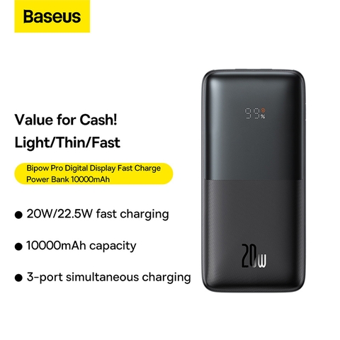 Pin sạc dự phòng Baseus Bipow Pro Digital Display Fast Charge Power Bank 10000mAh 20W (With Simple Series Charging Cable USB to Type-C 3A 0.3m )