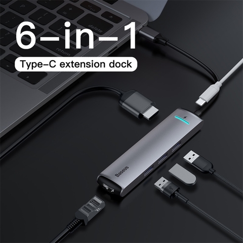 Hub chuyển Baseus Mechanical Eye 6 in 1 Smart Hub cho Smartphone/ Laptop/ Macbook (Type C to 3x USB 3.0, HDMI 4K, LAN RJ-45, Type C PD Expansion Smart Dock)