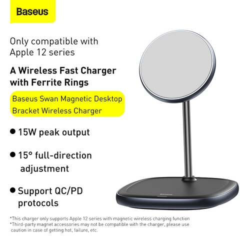 Đế giữ điện thoại tích hợp sạc nhanh không dây Baseus Swan Magnetic Desktop Bracket Wireless Charger cho iPhone 12 series (15W, Magsafe Wireless charge)