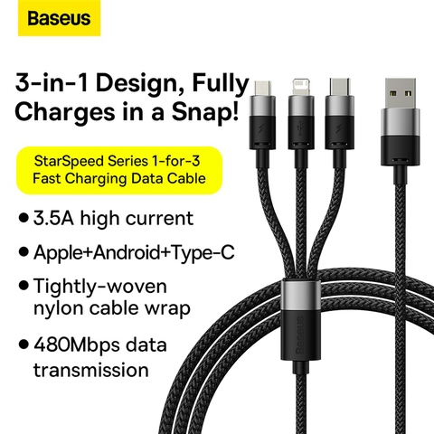 Cáp Sạc 3 Đầu Baseus StarSpeed 1-for-3 Fast Charging Data Cable USB to M+L+C 3.5A
