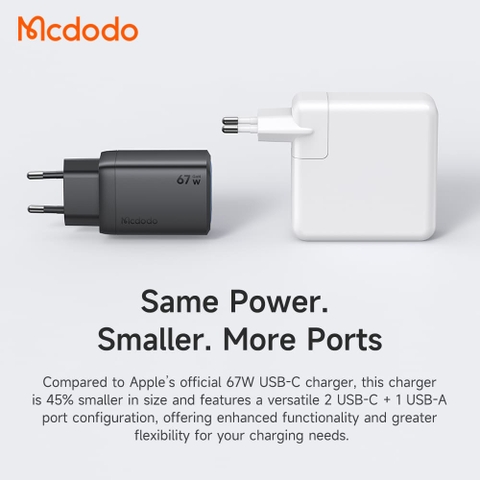 Cốc Sạc Mcdodo Gana Mini 67W 3 Cổng Sạc Nhanh | Công Nghệ GaN Siêu Nhỏ Gọn, 2 Cổng Type-C & 1 USB