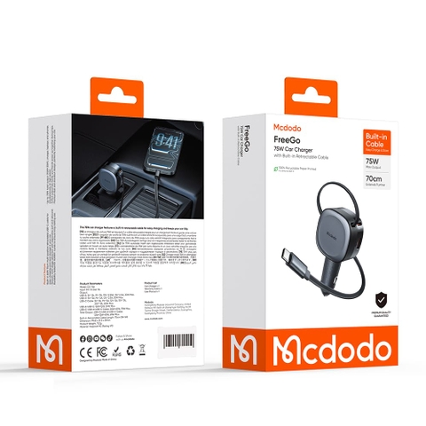 Tẩu Sạc Mcdodo FreeGo 75W USB + Type-C | Kèm Dây Type-C Rút Gọn, Sạc Nhanh Laptop Điện Thoại