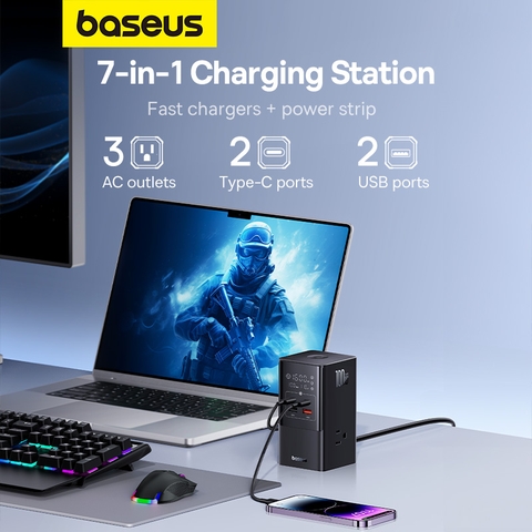 Trạm Sạc Nhanh Để Bàn Baseus 100W 7 trong 1 | Sạc Cùng Lúc Laptop & Điện Thoại, Tự Ngắt An Toàn 0.1s