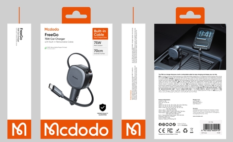Tẩu Sạc Mcdodo FreeGo 75W USB + Type-C | Kèm Dây Type-C Rút Gọn, Sạc Nhanh Laptop Điện Thoại