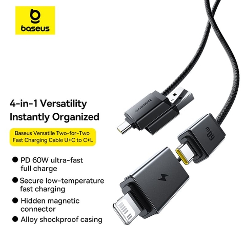 Cáp Sạc Đa Năng Baseus Versatile Type-C / USB to Type-C / Ln 60W | 4 Cổng, Nam Châm Thu Gọn