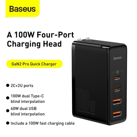 Bộ sạc nhanh Baseus GaN2 Pro Quick Charger 4 Ports (100W, Type C*2 & USB*2, PD/ QC3.0/ QC4+/ PPS/ SCP/ FCP/ AFC/ Apple 2.4/ BC1.2, Multi Quick charge protocol support)