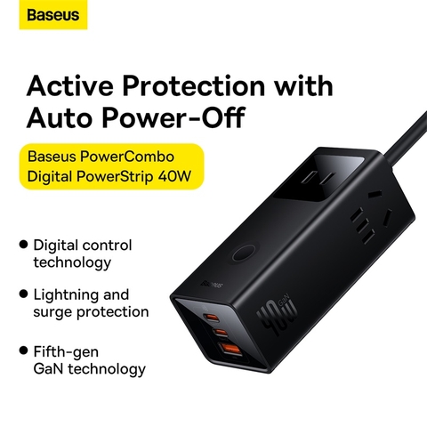 Trạm Sạc GaN Baseus PowerCombo 40W | 3 AC, 2 Type-C, 1 USB, Bảo Vệ Quá Tải BDIP