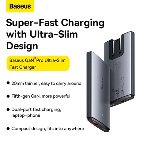 Cốc Sạc Nhanh GaN5 Baseus GaN5 Pro Ultra-Slim Fast Charger C+U 65W (Kèm cáp C to C 1 mét)