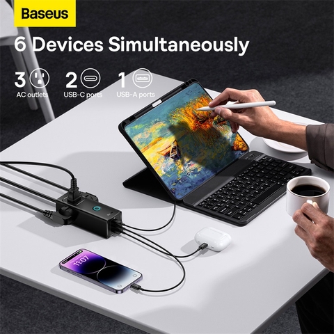 Bộ Sạc Baseus PowerCombo 6 trong 1 | Kèm Sạc Nhanh 20W GaN, Chống Sét, 3AC 2Type-C 1USB