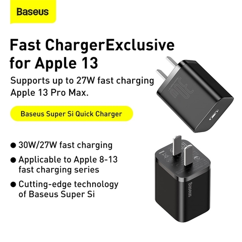 Củ sạc nhanh Baseus Super Si Quick Charger 30W dùng cho iPhone/ Samsung/ OPPO (30W, Type C, PD/ QC3.0 Quick charger)