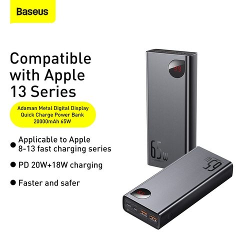 Pin dự phòng sạc nhanh Baseus Adaman Metal Digital Display Quick Charge Power Bank cho Smartphone/ iPad/ Macbook/ Laptop (65W, 20000mAh, QC3.0/ PD3.0/ SCP/ AFC Quick charge Power Bank)