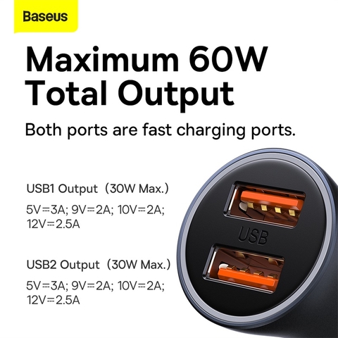 Tẩu Sạc Ô Tô Baseus Golden Contactor Max Dual Fast Charger Car Charger 60W