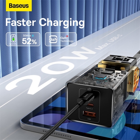Bộ Sạc Baseus PowerCombo 6 trong 1 | Kèm Sạc Nhanh 20W GaN, Chống Sét, 3AC 2Type-C 1USB