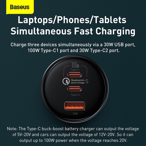 Tẩu Sạc Nhanh Công Suất Cao 160W Baseus Multi-Port Fast Charge Car Tặng Kèm Cáp C to C 100W (Quick Charge™ 5)