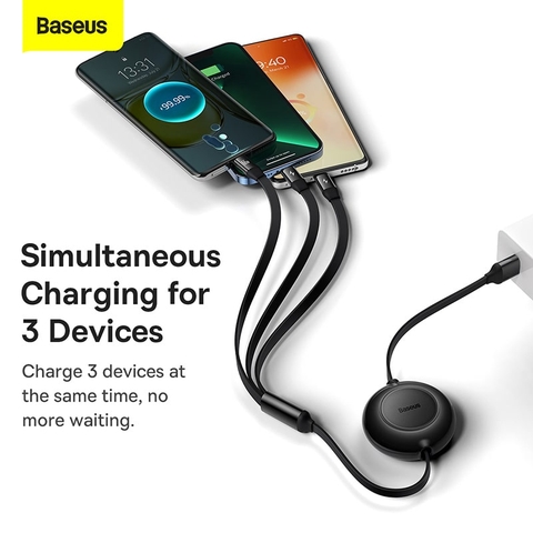 Cáp Sạc Dây Rút 3 trong 1 Baseus Bright Mirror | 66W Sạc Nhanh, Cuộn Gọn Chống Rối, USB to M+L+C