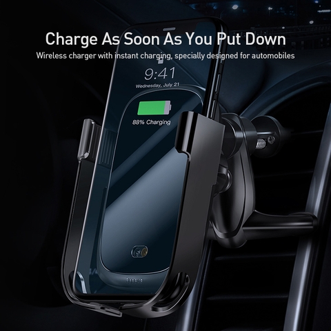 Bộ đế giữ điện thoại tích hợp sạc nhanh không dây Baseus Rock-solid Electric Holder 10W Wireless Charger (Auto Smart Lock by Sensor, Air Vent Car Mount)