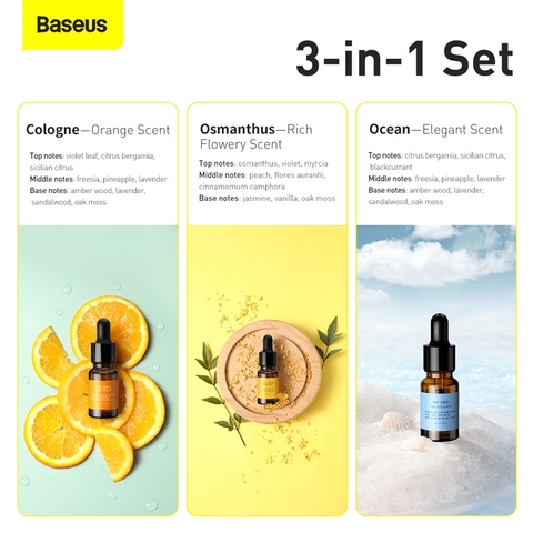 Tinh dầu tự nhiên, nguyên chất Baseus Essential Oil dùng cho máy phun sương tạo ẩm/ khử mùi (10ml/pcs , Cologne*1, Smanthus*1, Ocean*1)