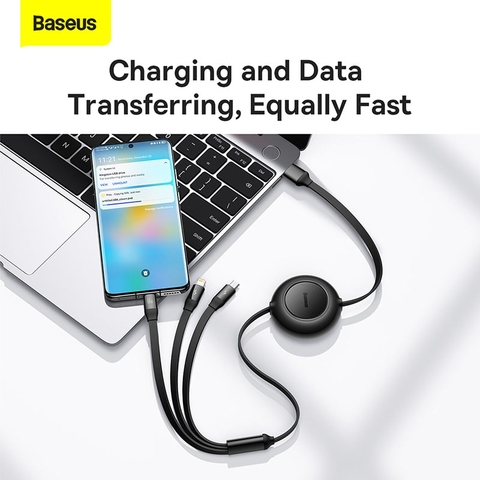 Cáp Sạc Dây Rút 3 trong 1 Baseus Bright Mirror | 66W Sạc Nhanh, Cuộn Gọn Chống Rối, USB to M+L+C